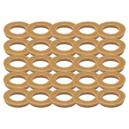 Twenty-five tan wax toilet bowl rings arranged in five rows of five.