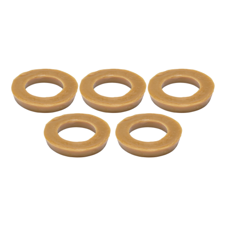 Five tan wax bowl rings arranged in two rows with hollow centers.