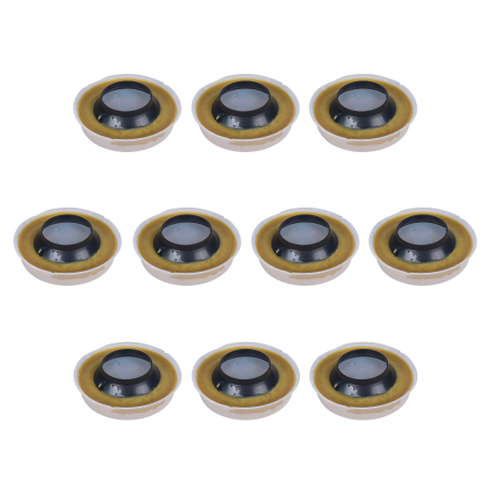 Ten tan and black wax bowl rings with rubber sleeves arranged in rows.