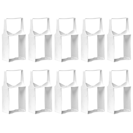 Ten white plastic cement can carriers with handles arranged in two rows of five.