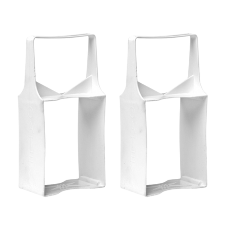 Two white plastic cement can carriers with handles and cylindrical bottom compartments for 32 oz cans.