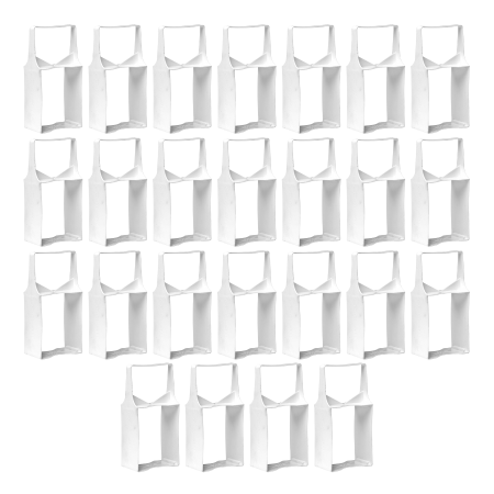Twenty-five white plastic cement can carriers with handles, arranged in rows.