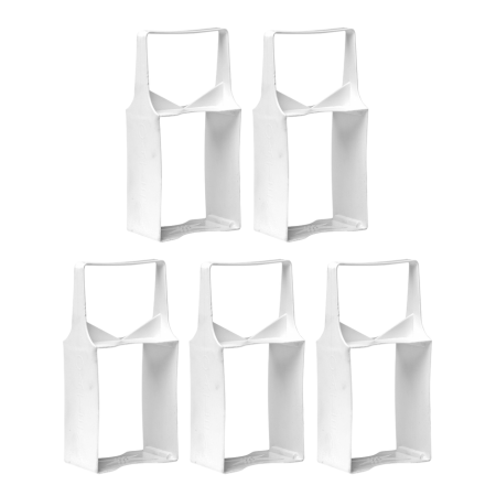 Five white plastic cement can carriers with handle straps, 32 oz capacity each.