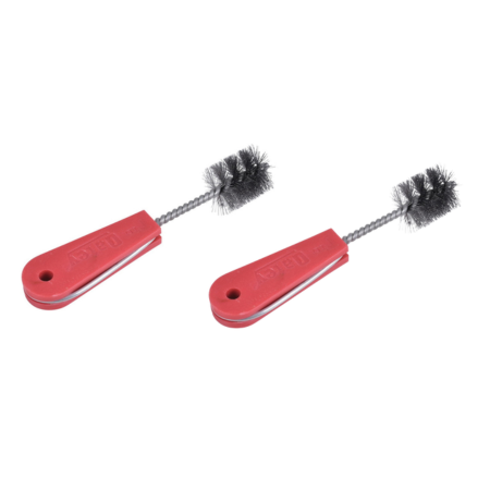 Two red cleaning brushes with black bristles and gray spiral handles.