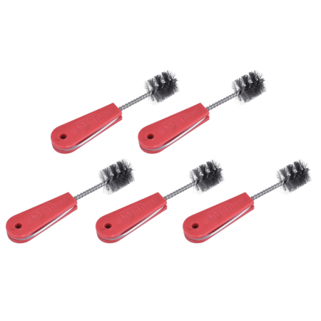 Five cleaning brushes with red plastic handles and black bristle heads arranged in rows.
