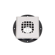 White and black square ABS strainer with grid pattern and snap-in barrel for floor drain installation.