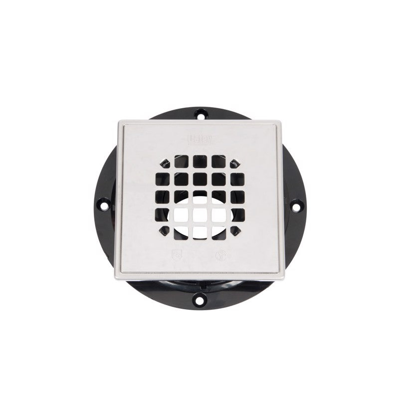 White and black square ABS strainer with grid pattern and snap-in barrel for floor drain installation.