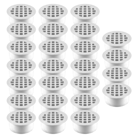White plastic snap-in shower drains with grid pattern, 25 pack.