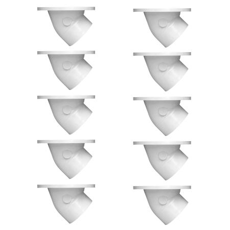 Ten white PVC closet flanges with stainless steel rings arranged in two columns.