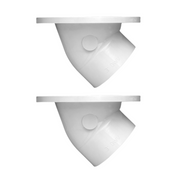 Two white PVC closet flanges with stainless steel rings and angled outlet pipes.