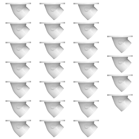 Twenty-five white PVC closet flanges with stainless steel rings arranged in rows.