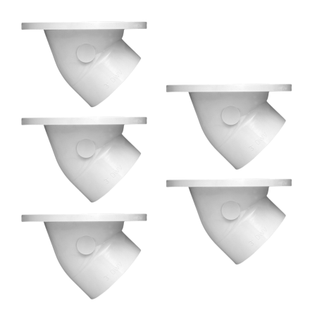 Five white PVC closet flanges with stainless steel mounting rings shown at various angles.