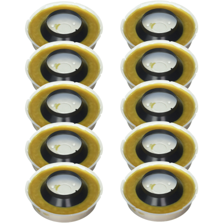 Ten tan and black wax rings with plastic horns for toilet installation stacked in two columns.