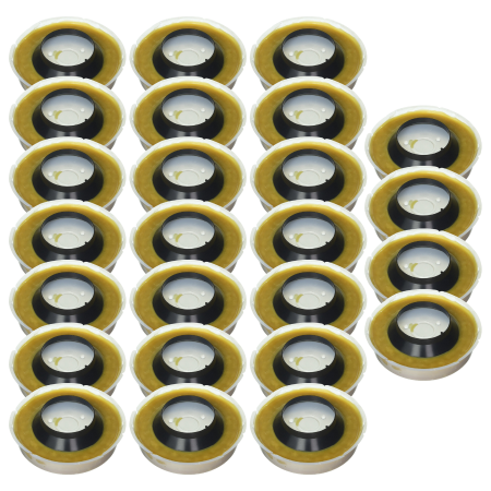 Twenty-five gold and black Johni-Ring toilet flanges with plastic horns arranged in rows.
