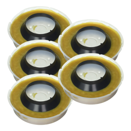 Five Johni-Ring toilet flange extenders with yellow wax rings and black plastic horns.