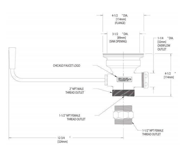 Chicago Faucet twist waste drain assembly with threaded outlets and overflow connection, technical diagram with dimensions.
