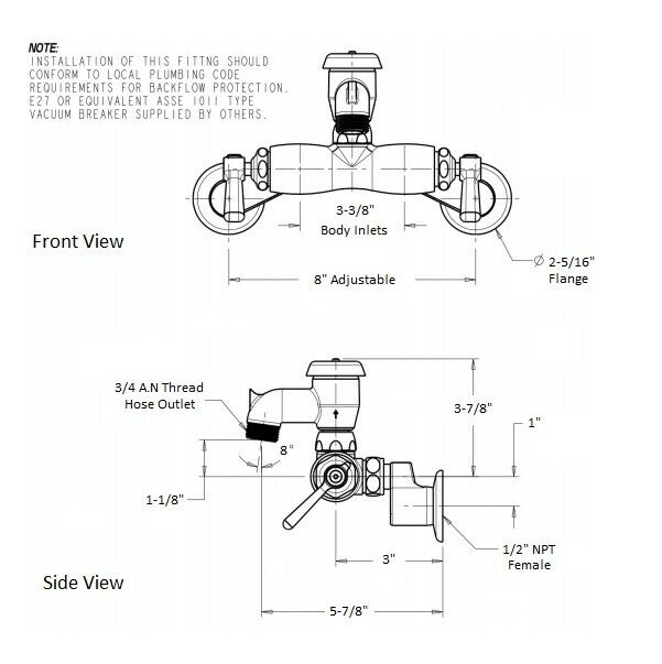 Chrome wall-mounted two-handle faucet with adjustable centers and round handle escutcheons, shown in front and side technical