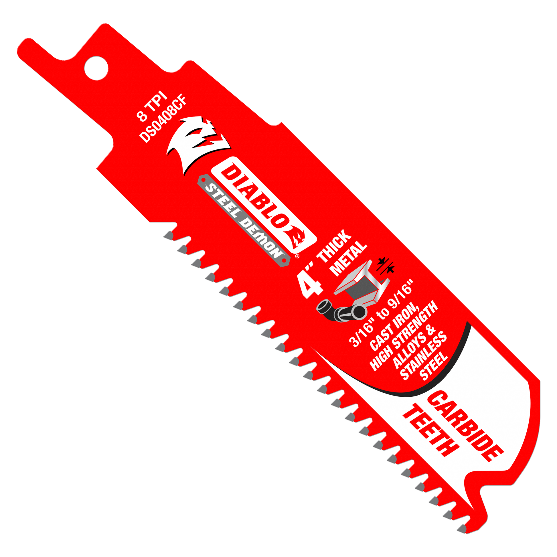 Red Diablo Steel Demon 4-inch carbide reciprocating saw blade with serrated cutting edge for thick metal.