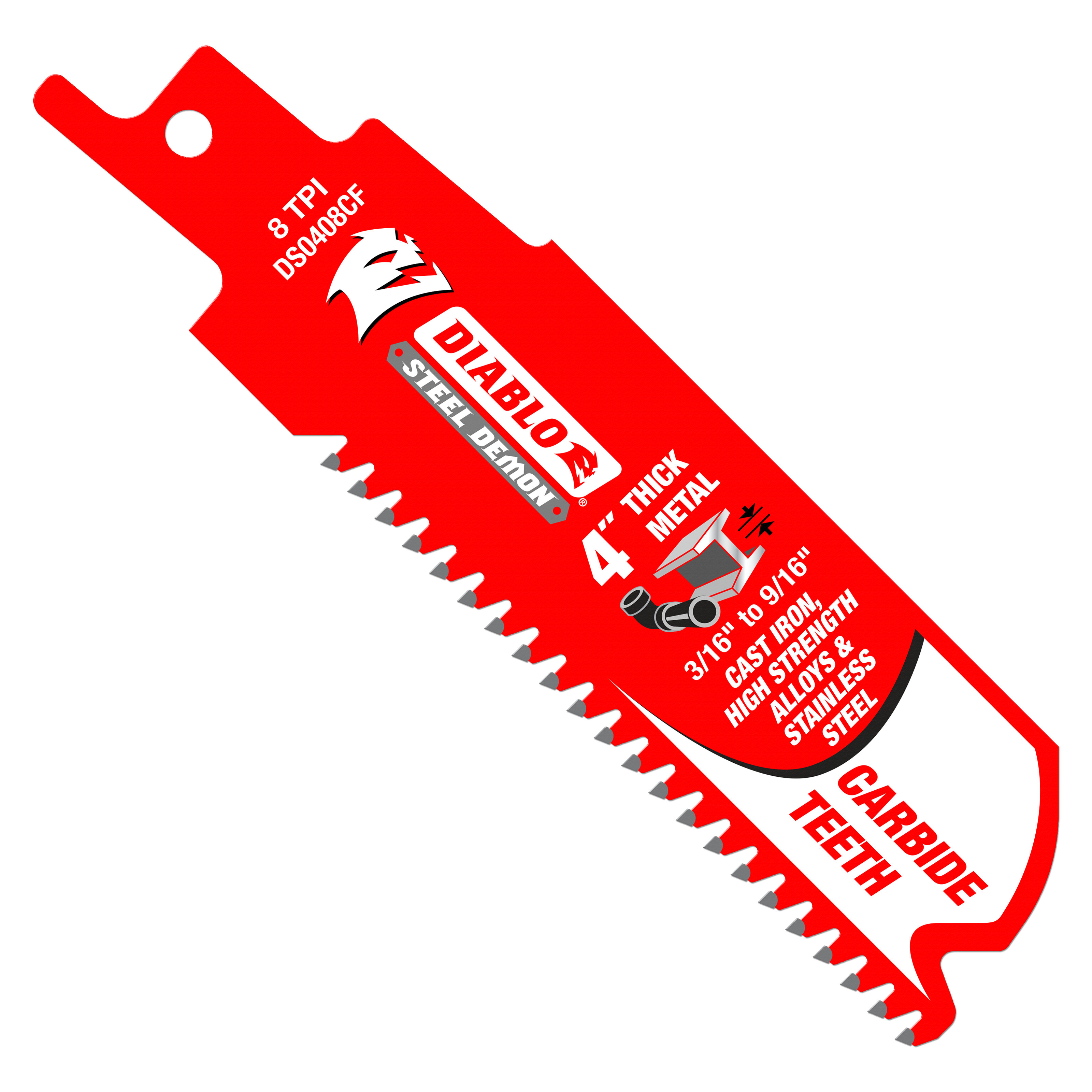Diablo Steel Demon 4-inch carbide reciprocating saw blade with serrated cutting edge and mounting hole.