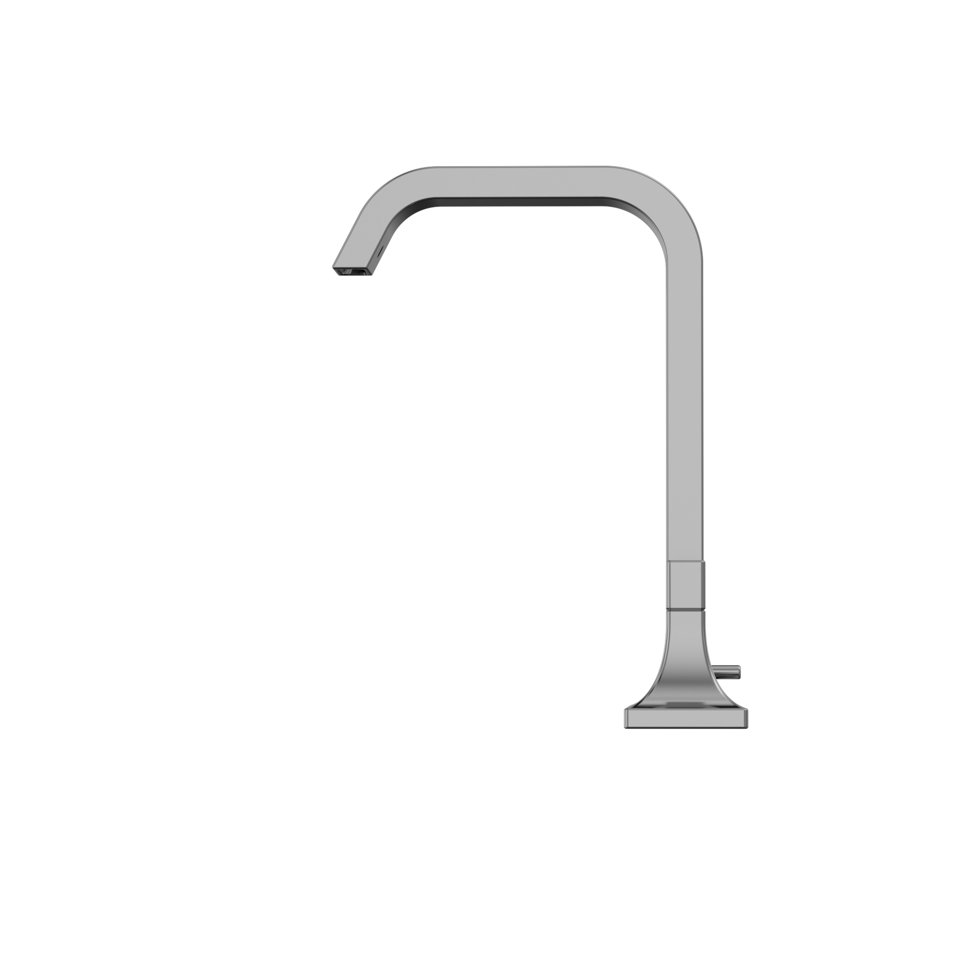 Polished chrome two-handle widespread bathroom sink faucet with curved spout and square base.