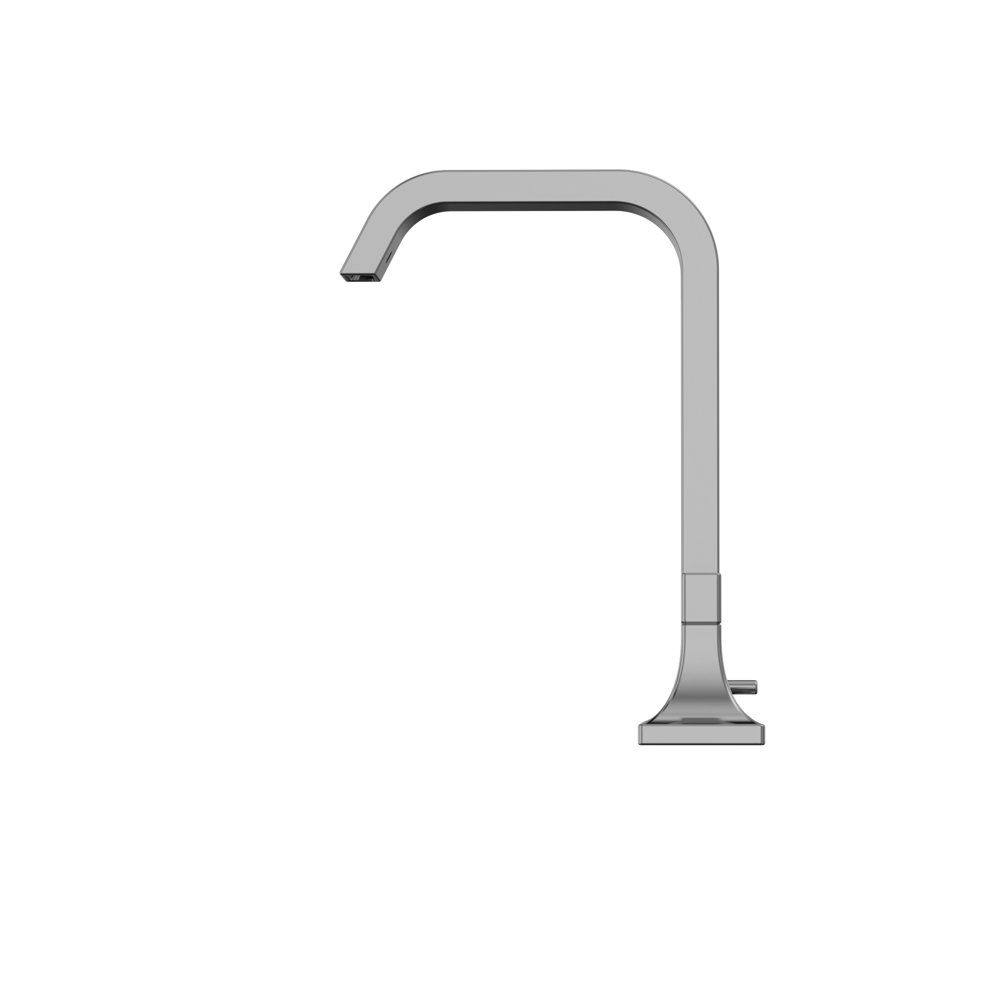 Polished chrome two-handle widespread bathroom sink faucet with curved spout and square base.