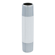 Chrome brass pipe nipple with threaded ends and white cylindrical body, 1 inch by 4 inches.