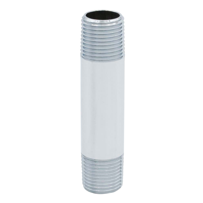 Chrome brass pipe nipple with threaded ends and white cylindrical body, 1 inch by 4 inches.