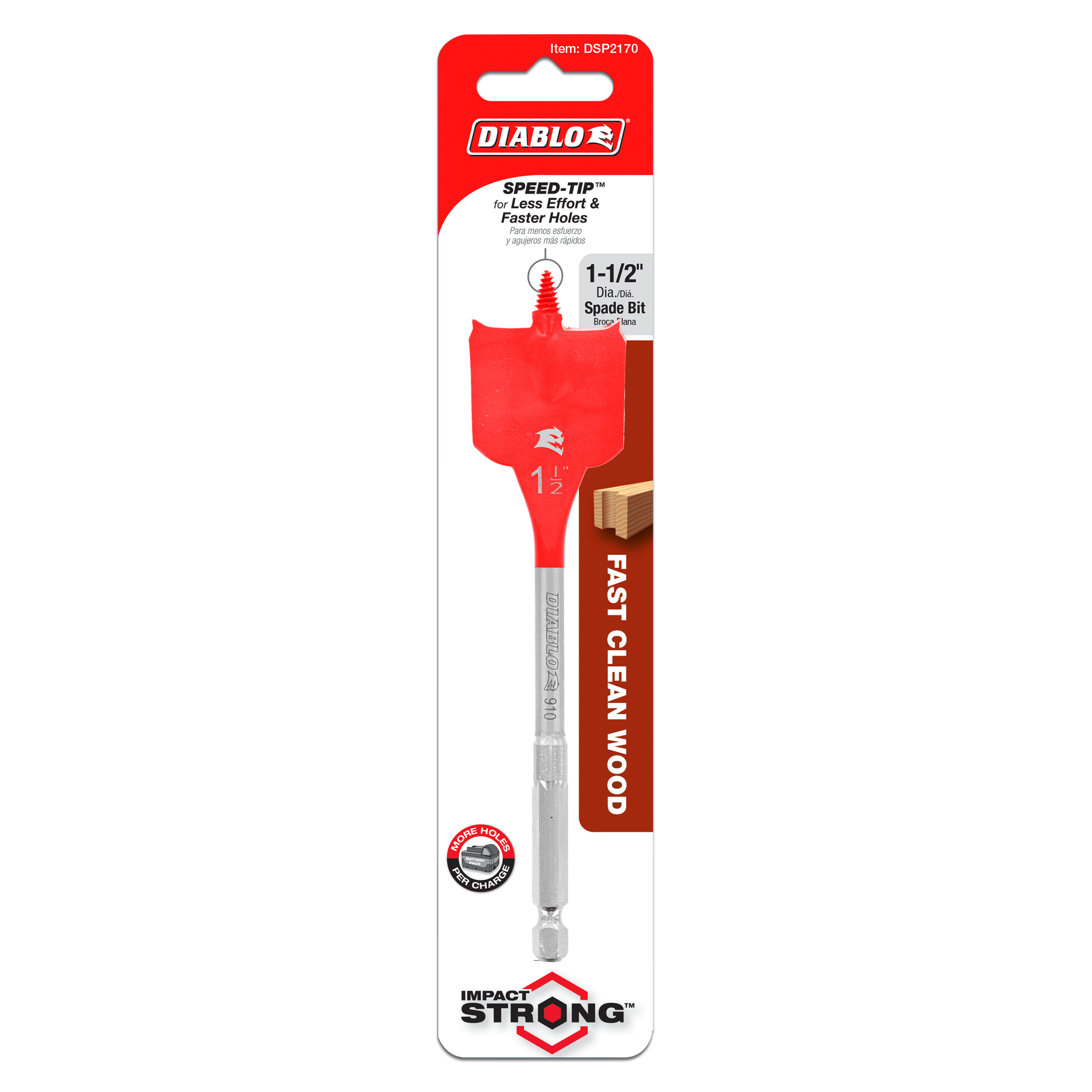 Diablo 1-1/2 inch red spade bit with gray shaft and hex shank on retail packaging card.