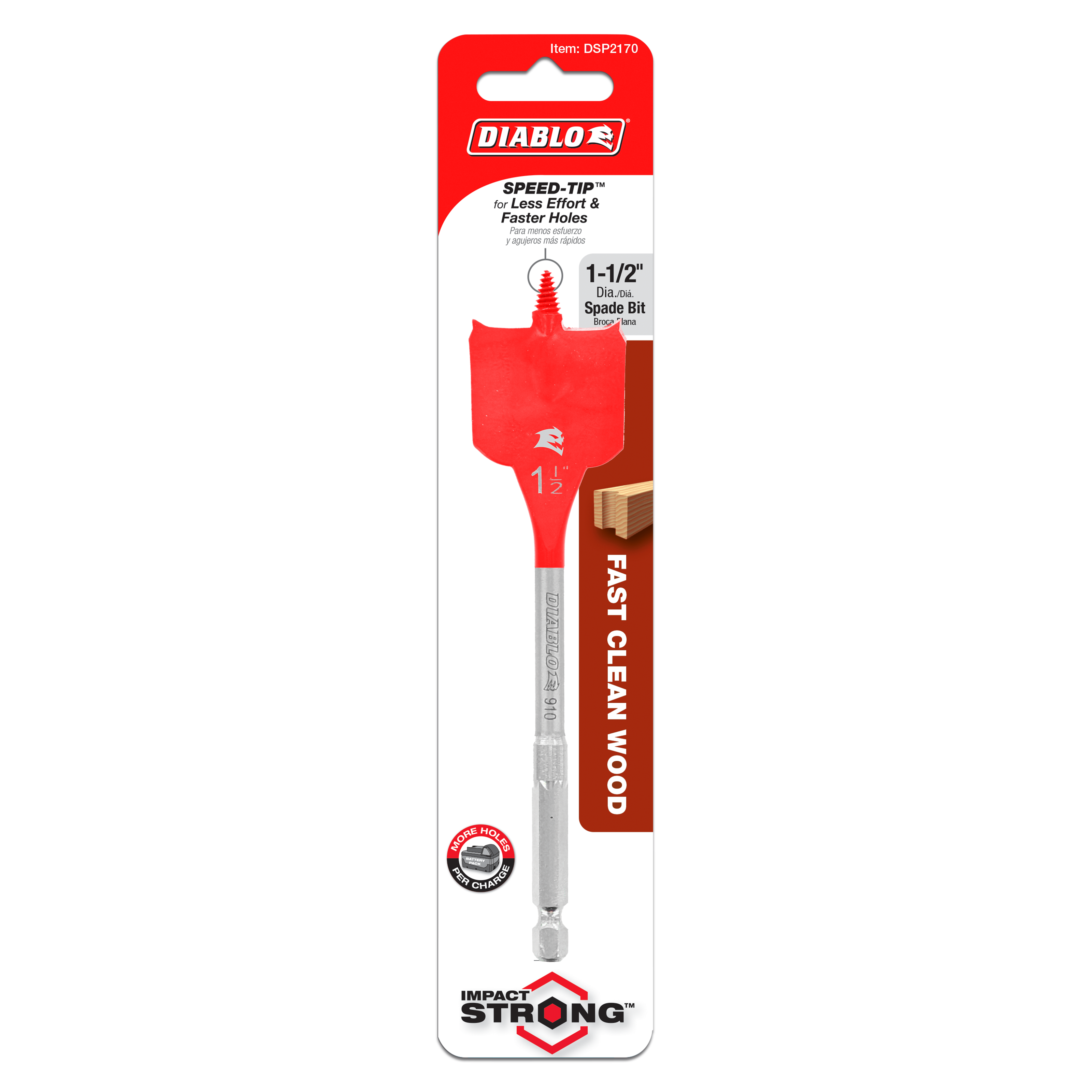 Diablo 1-1/2 inch red spade bit with gray shaft and hex shank on retail packaging card.