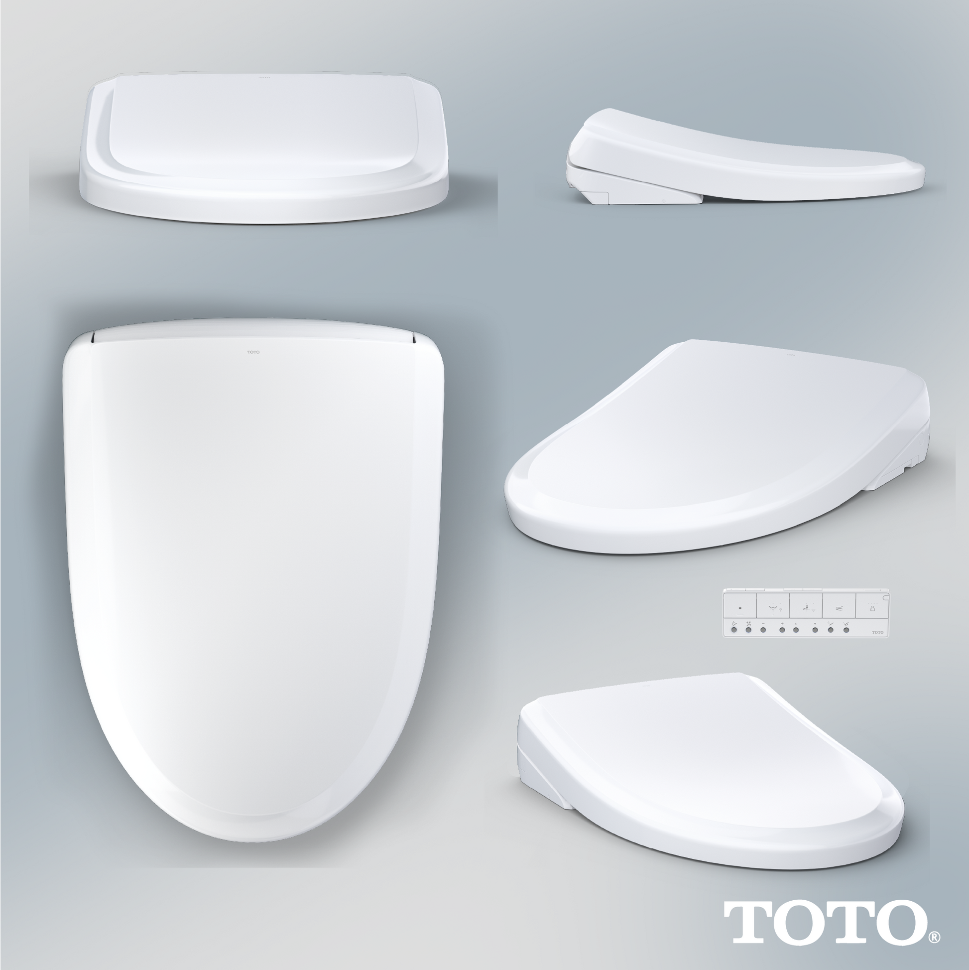 White elongated electronic bidet toilet seat shown from multiple angles with classic lid design.