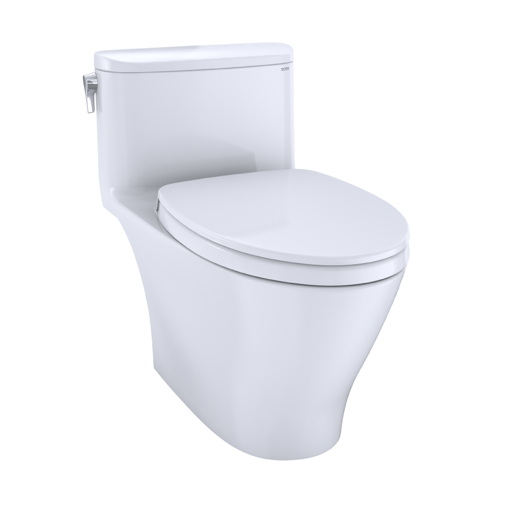 White one-piece elongated toilet with soft-close seat, tank-mounted control lever, and curved bowl design.