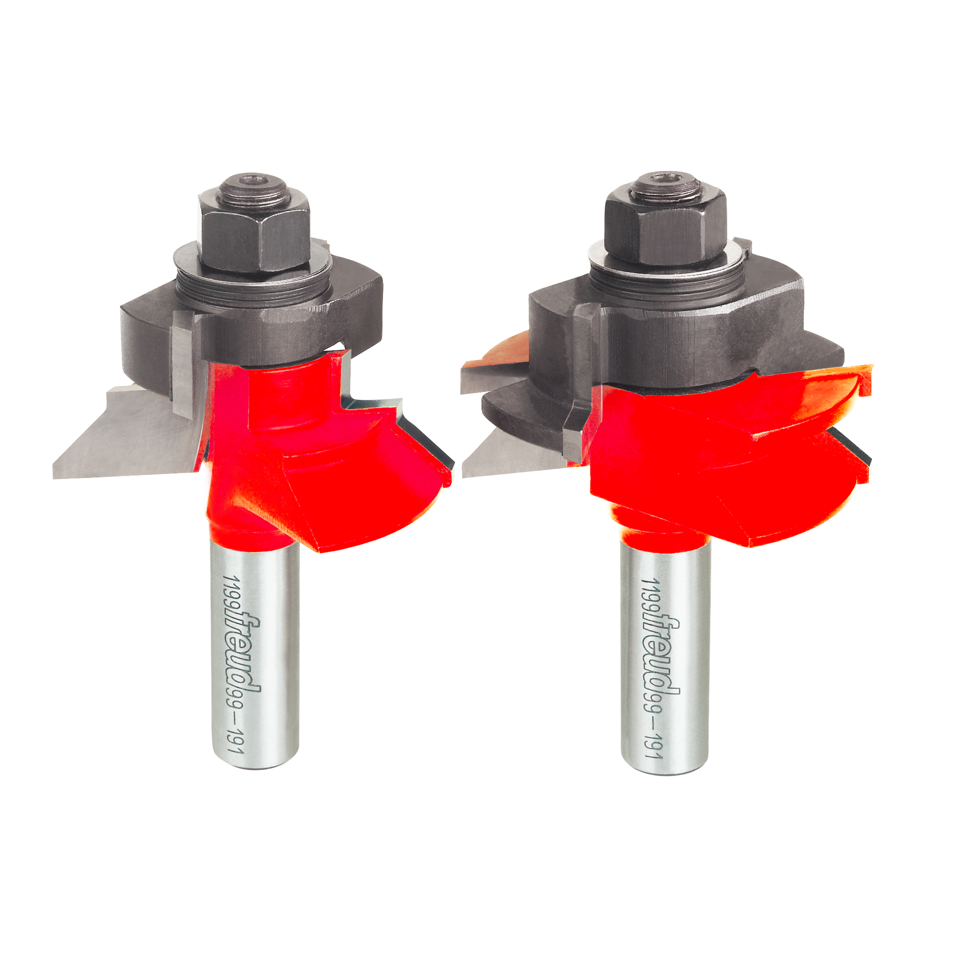Two red V-shaped router bits with silver shanks and black hex heads, shown from different angles.