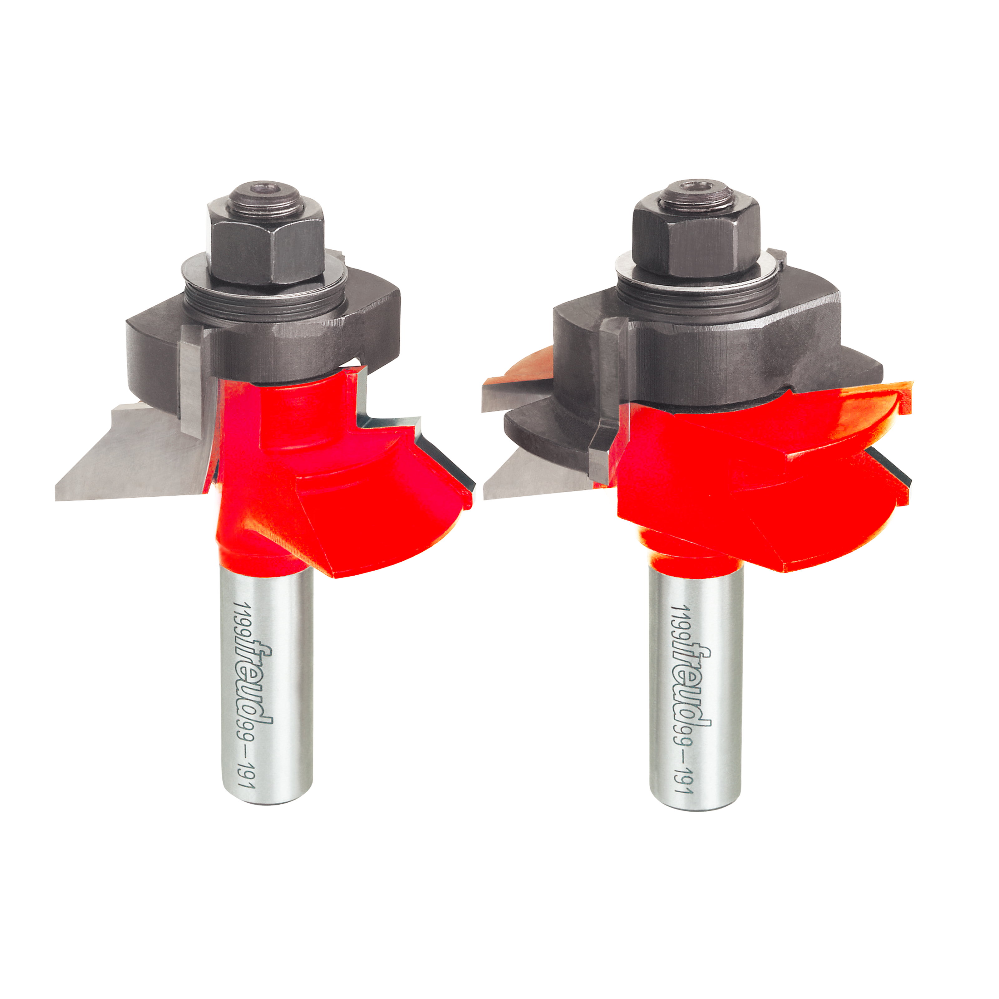 Two red V-shaped router bits with silver shanks and black hex heads, shown from different angles.