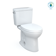 White two-piece elongated toilet with soft-close seat and tank lid.