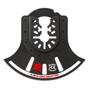 Black bi-metal oscillating blade with curved cutting edge, universal fit attachment, and serrated border.
