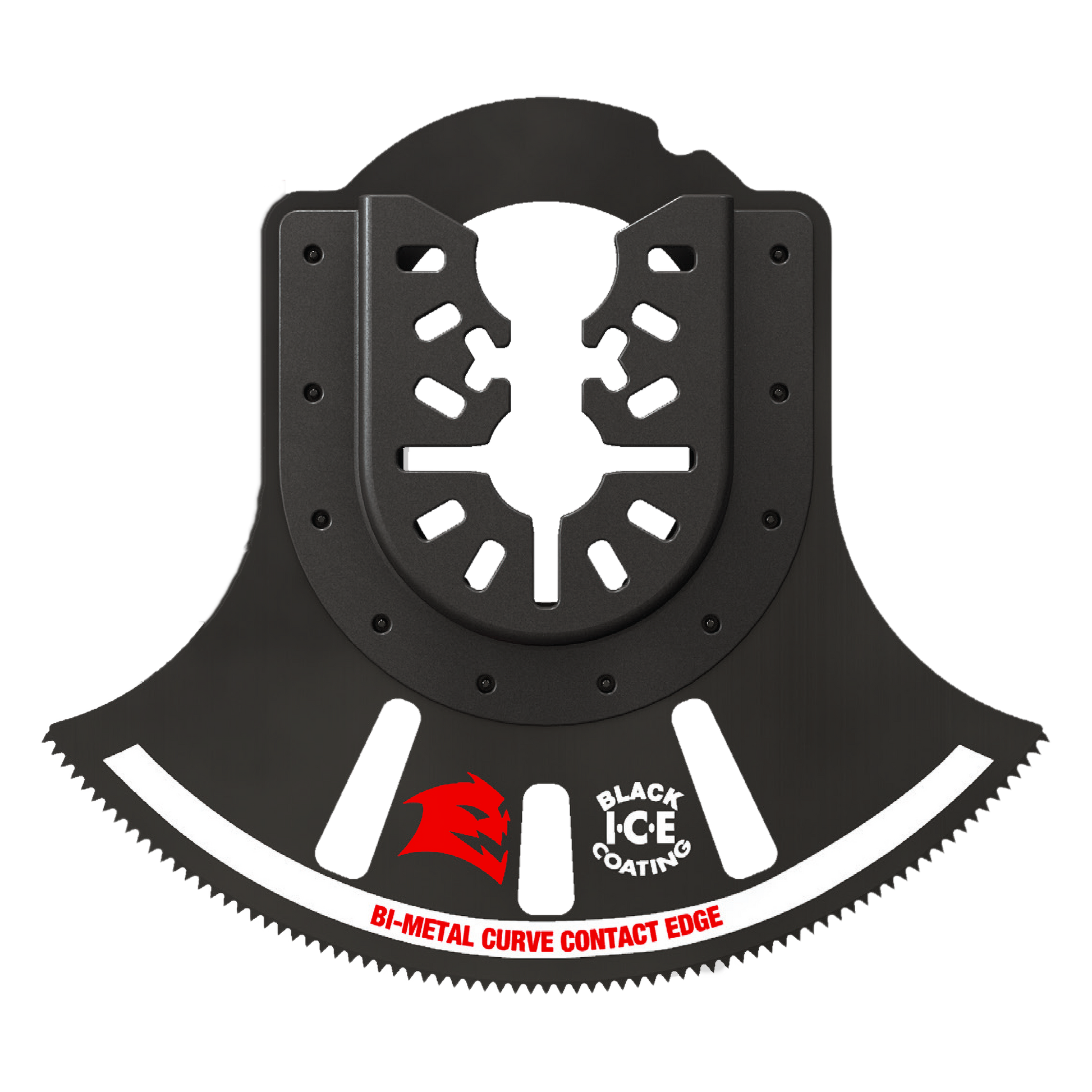Black bi-metal oscillating blade with curved cutting edge, universal fit attachment, and serrated border.