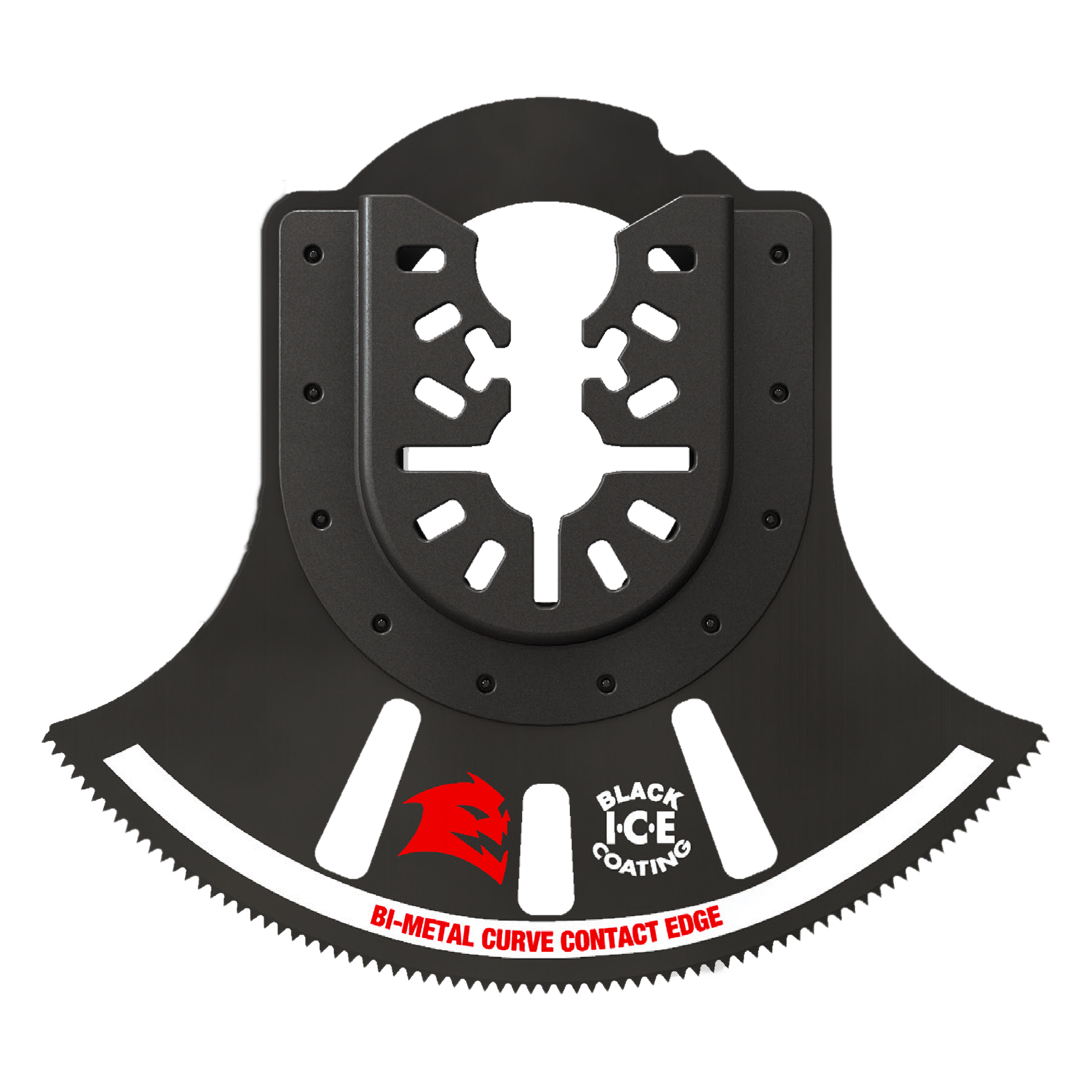 Black bi-metal oscillating blade with curved cutting edge, universal fit attachment, and serrated border.