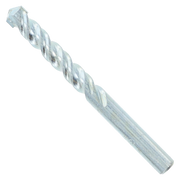 Silver carbide-tipped masonry drill bit with spiral flutes and pointed tip against white background.