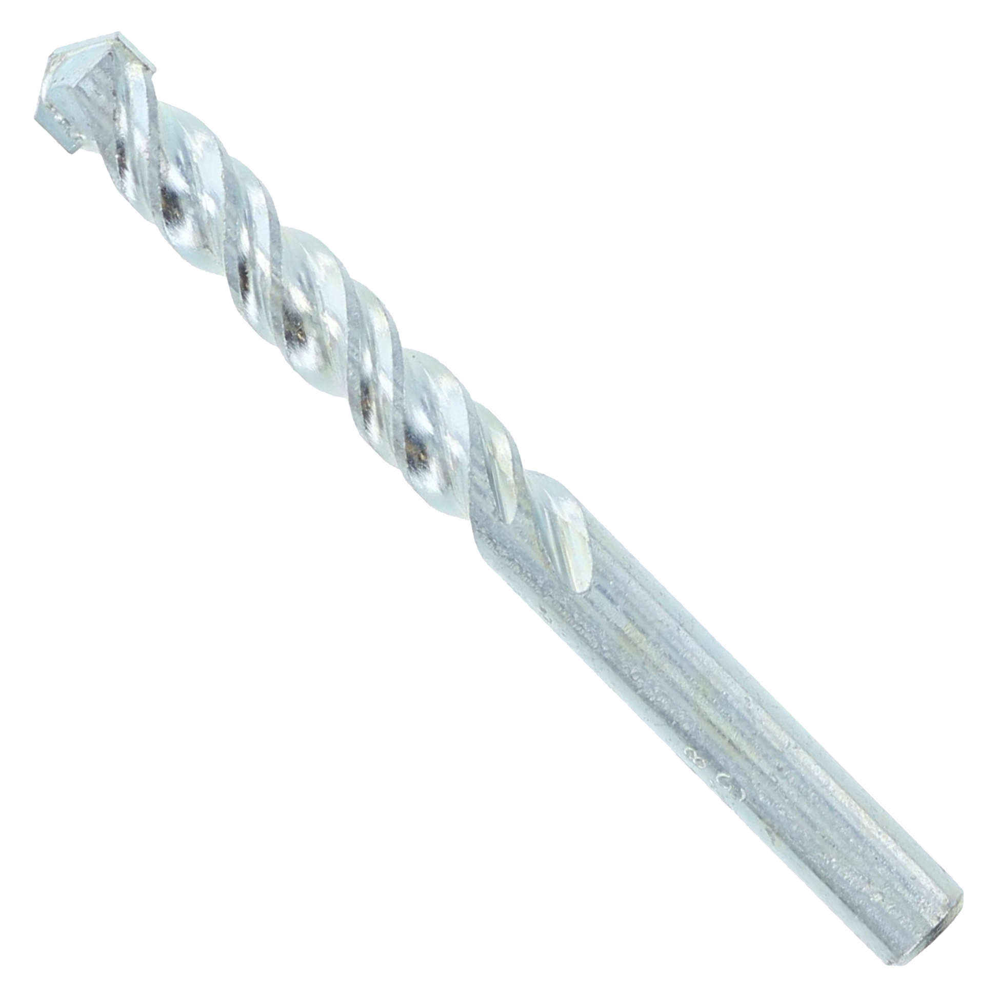 Silver carbide-tipped masonry drill bit with spiral flutes and pointed tip against white background.
