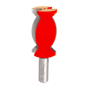 Red and gray crown molding router bit with 1-1/4" diameter head and metal shank.
