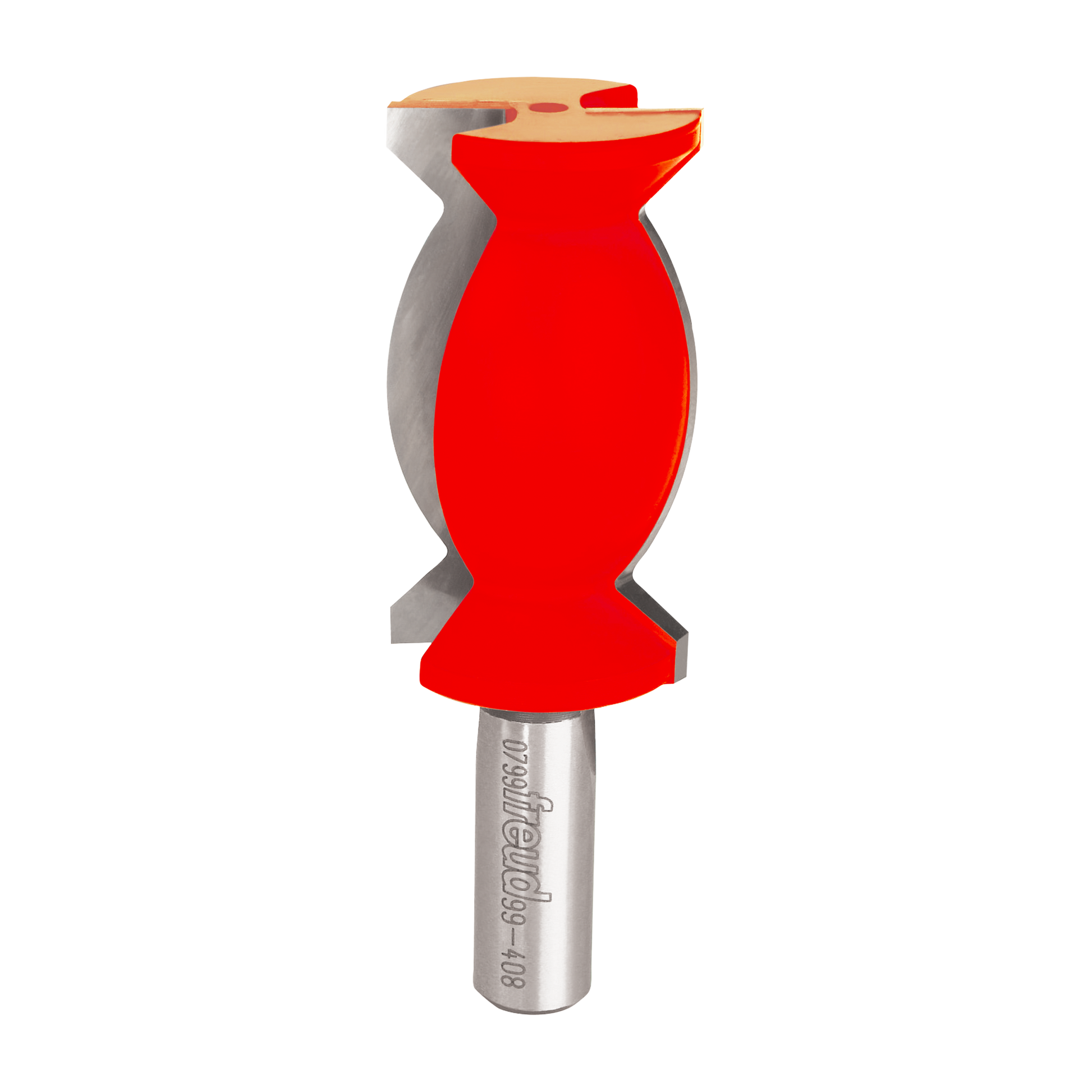 Red and gray crown molding router bit with 1-1/4" diameter head and metal shank.