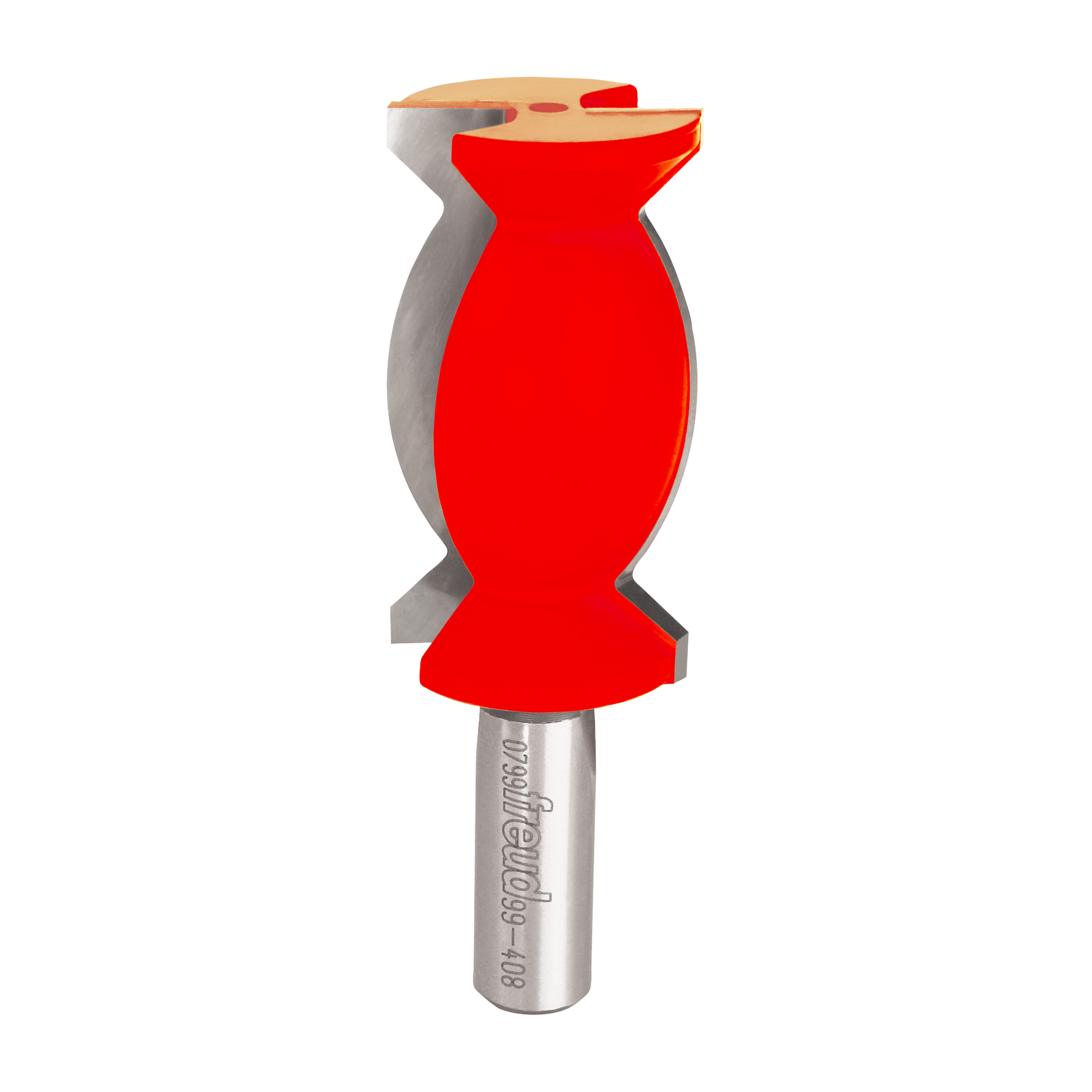 Red and gray crown molding router bit with 1-1/4" diameter head and metal shank.