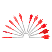 Twelve red spade bits with gray metal shanks arranged in a fan pattern, showing graduated sizes from small to large.