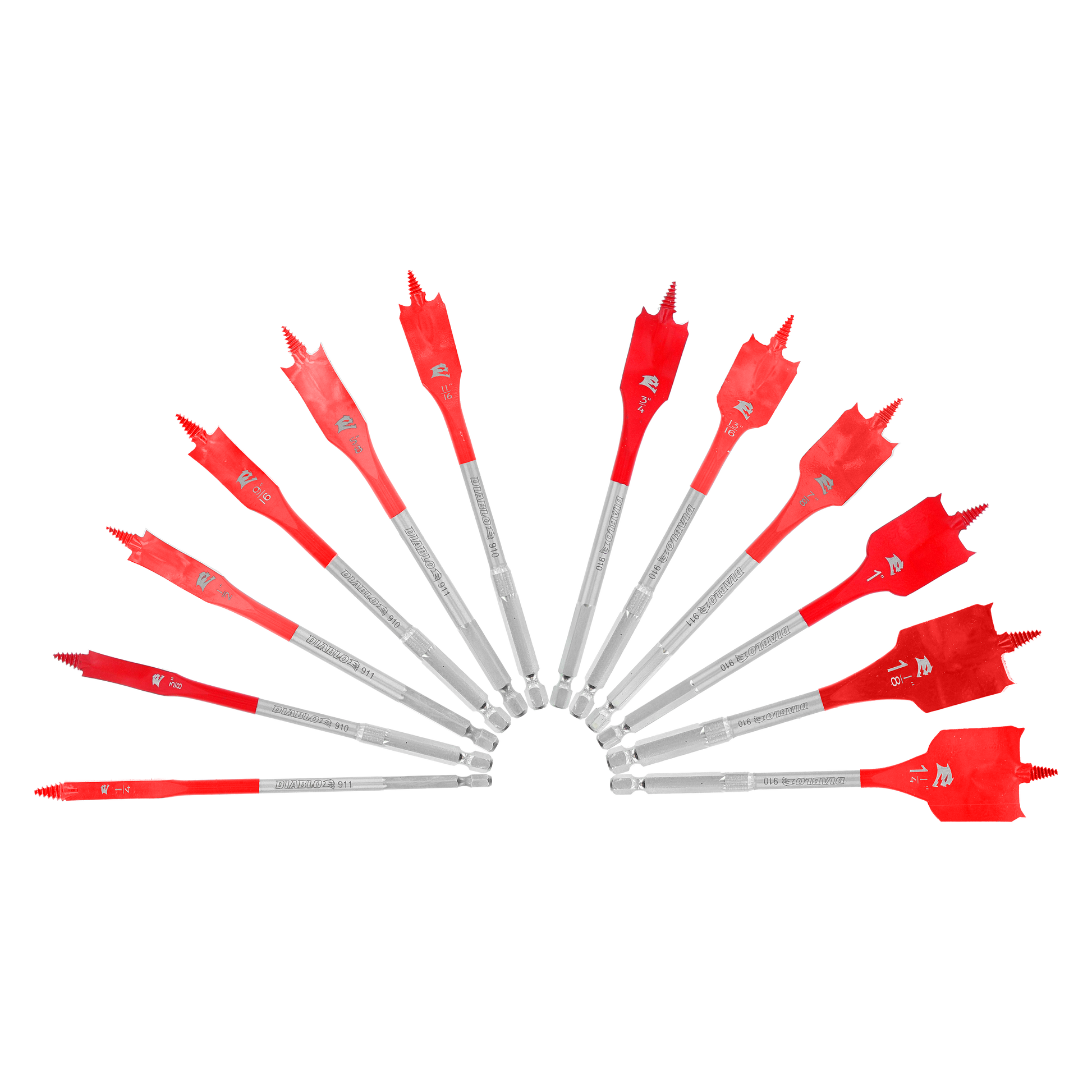 Twelve red spade bits with gray metal shanks arranged in a fan pattern, showing graduated sizes from small to large.
