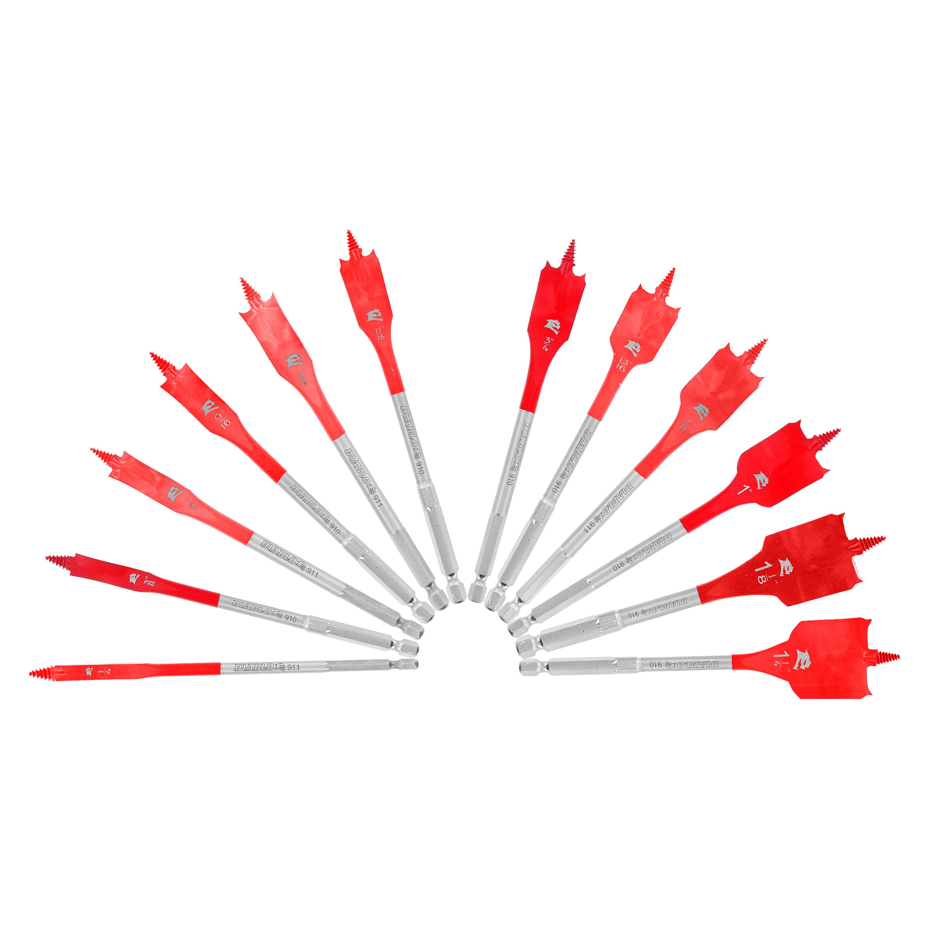 Twelve red spade bits with gray metal shanks arranged in a fan pattern, showing graduated sizes from small to large.