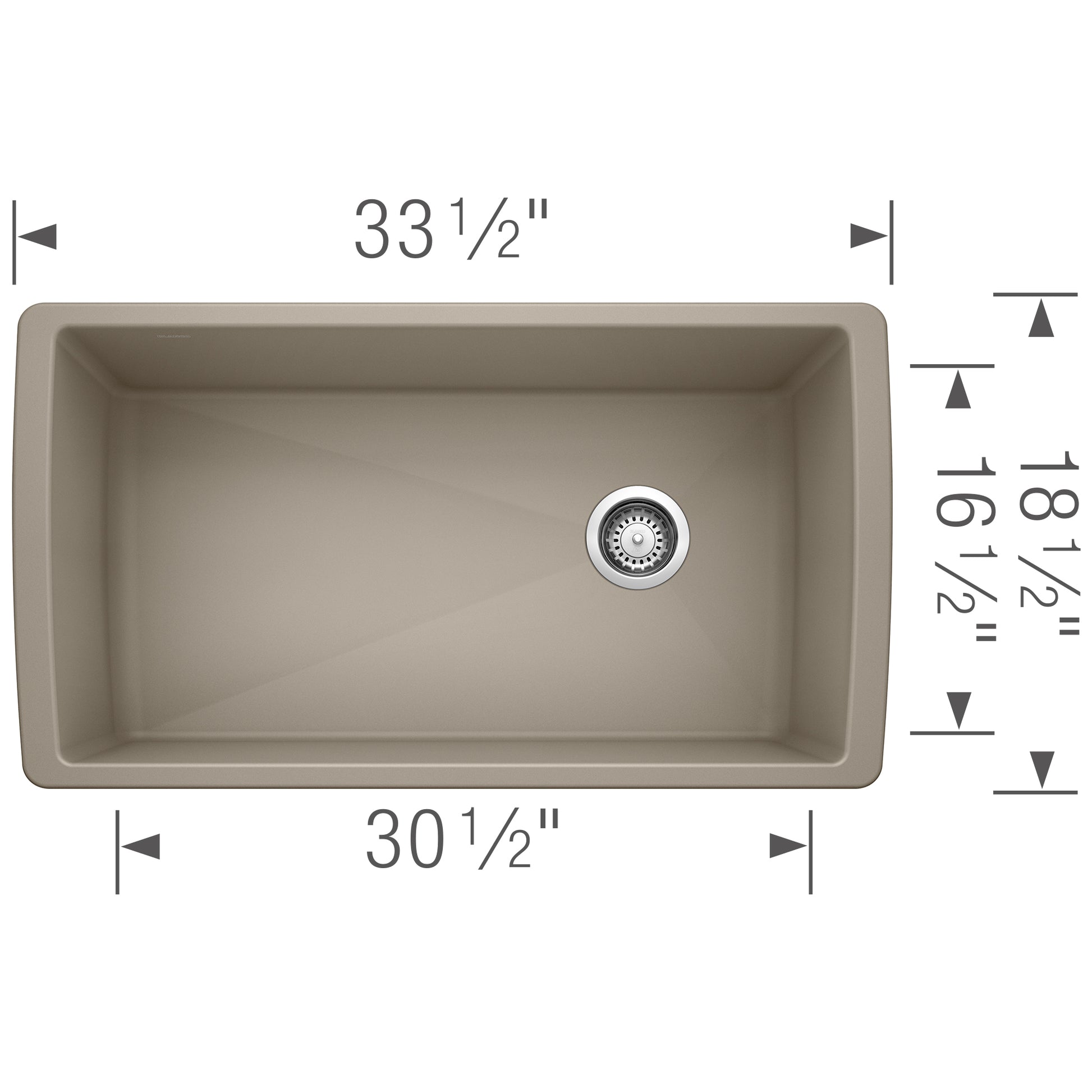 Truffle single bowl undermount sink with dimensions 33½" width and 30½" base, featuring chrome drain fixture.