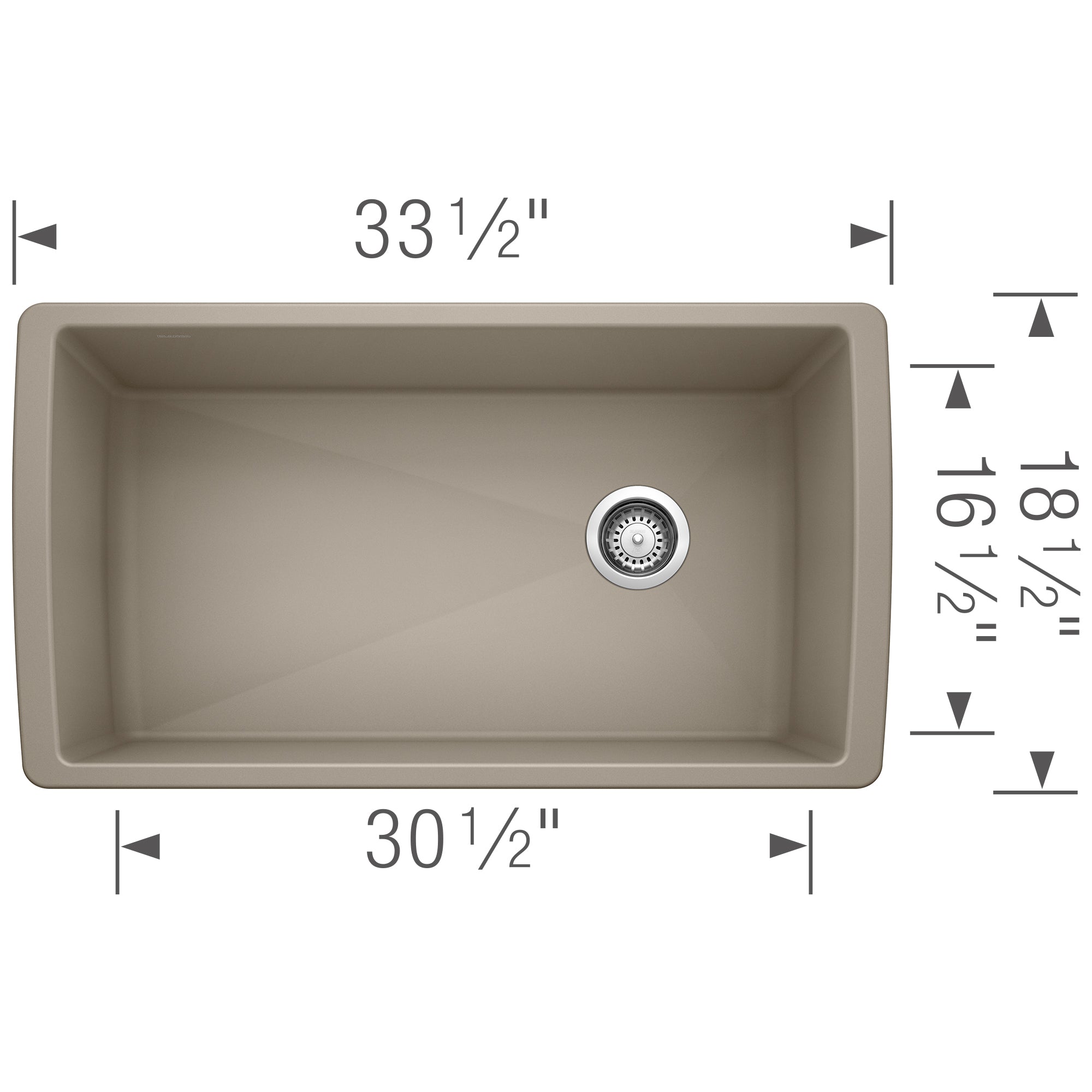 Truffle single bowl undermount sink with dimensions 33½" width and 30½" base, featuring chrome drain fixture.
