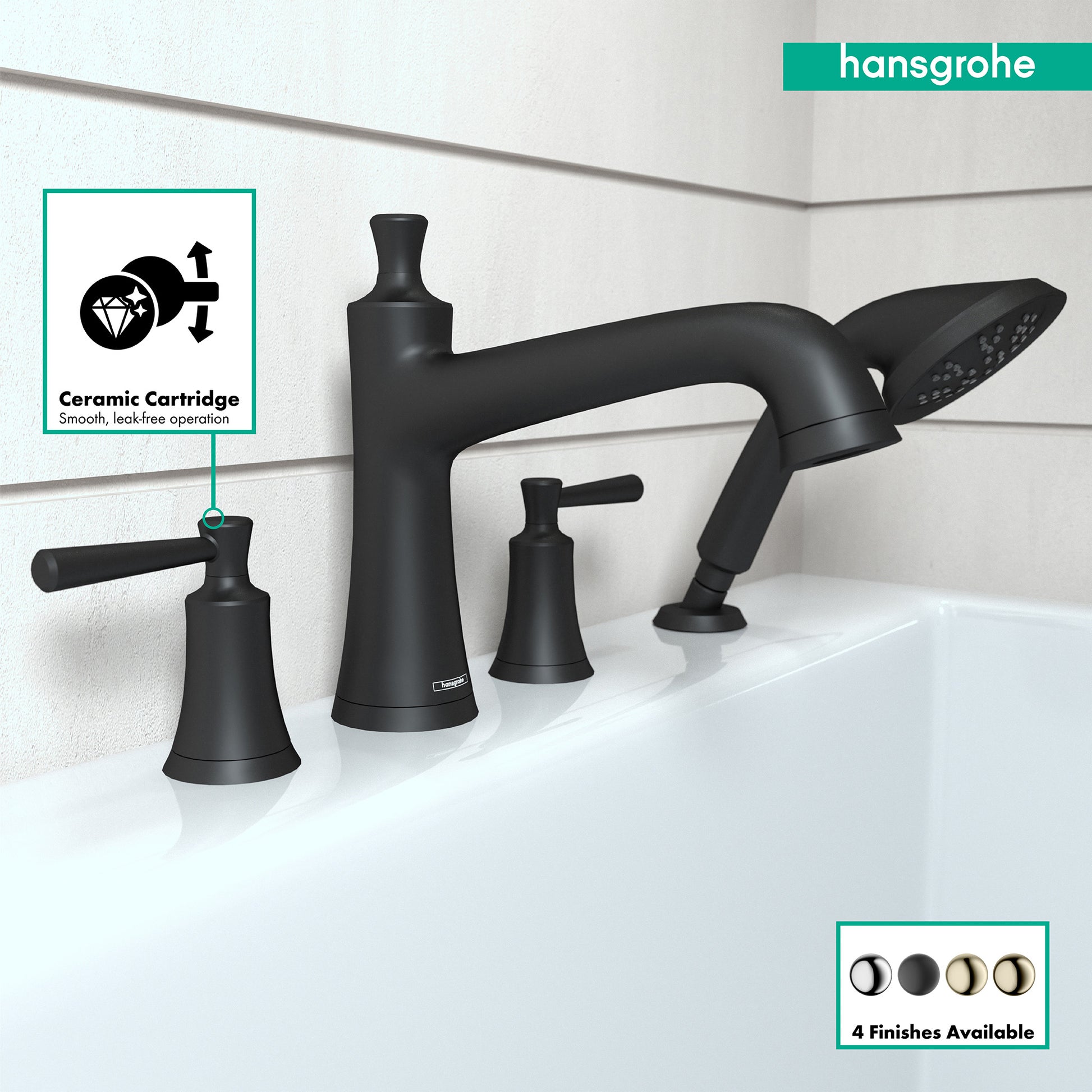 Matte black four-hole roman tub faucet set with curved spout, two lever handles, and detachable handshower on white bathtub r