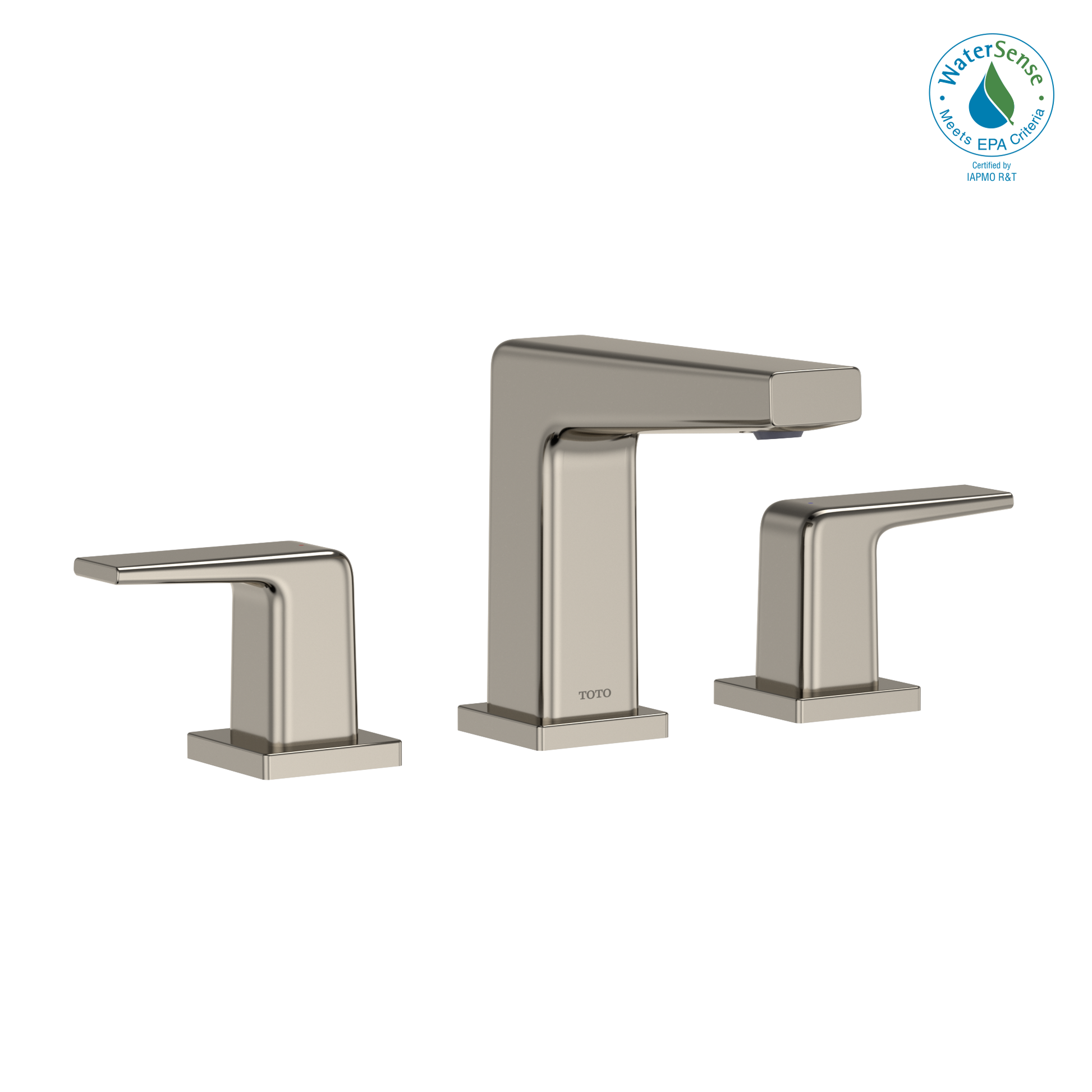 Polished nickel widespread bathroom sink faucet with two handles and rectangular spout.
