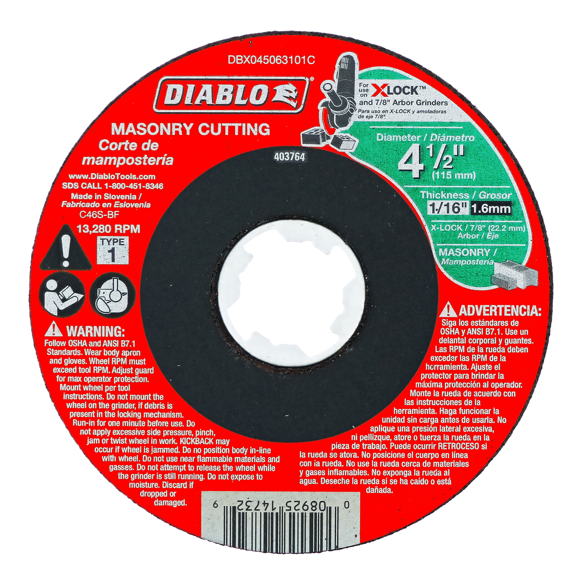 Red and black circular masonry cutting wheel with white center hole, 4-1/2 inch diameter, labeled Diablo Type 1.